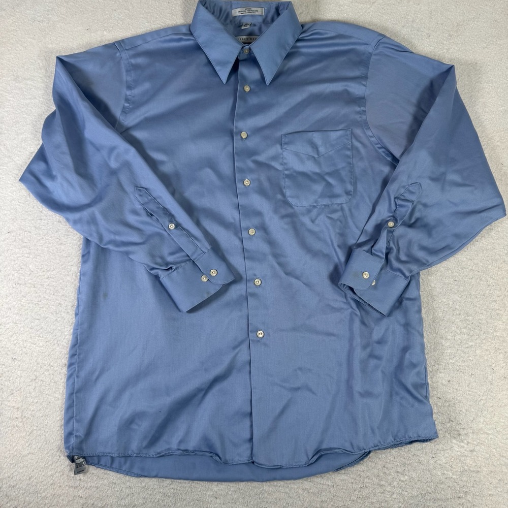 Geoffrey Beene Dress Shirt Mens 16.5 32/33 Blue Good Sateen Wrinkle Free Pocket